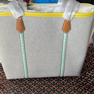 Gray and Yellow Structured Tote Bag with Bold Trim